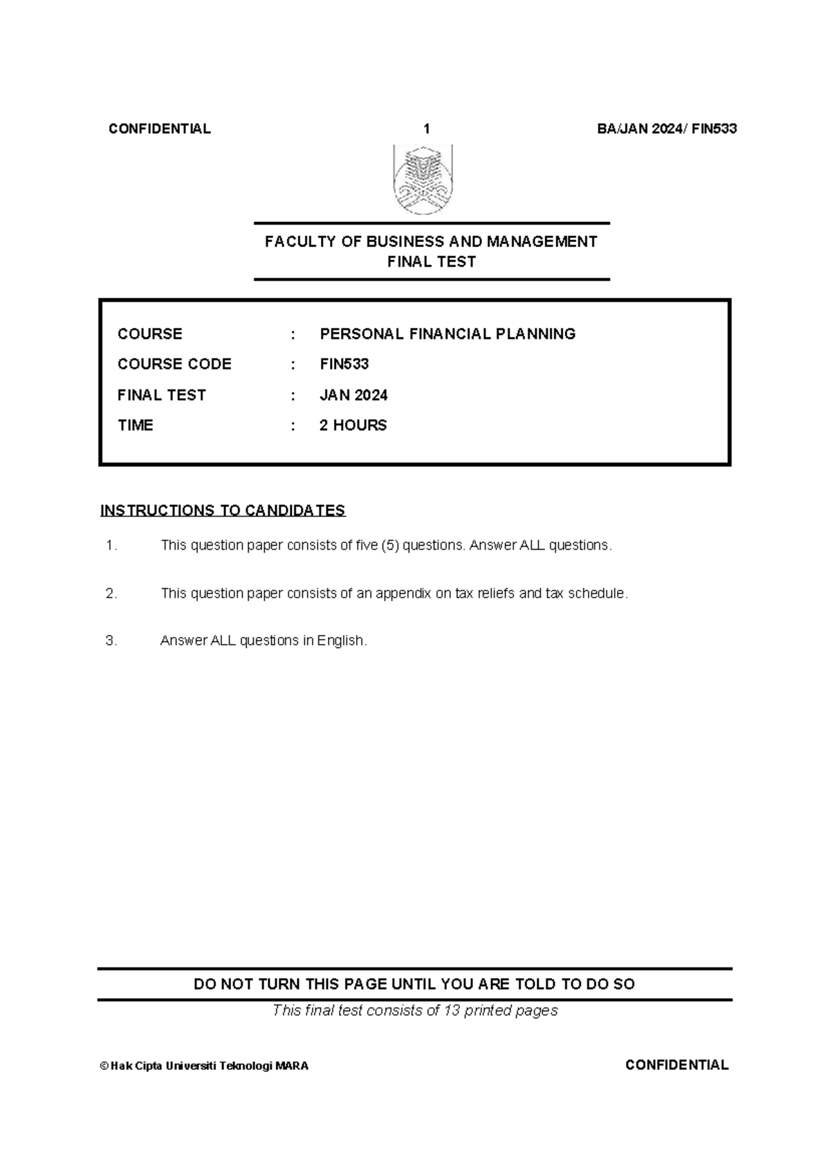 FIN533 Final Test: Personal Financial Planning - January 2024 - Studocu