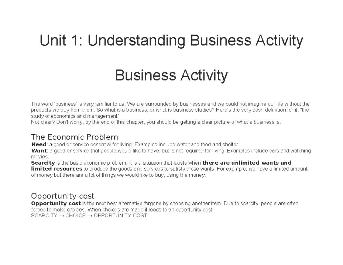 Unit 1 Summary: Key Concepts in Business Activity (Course Code: BUS101 ...