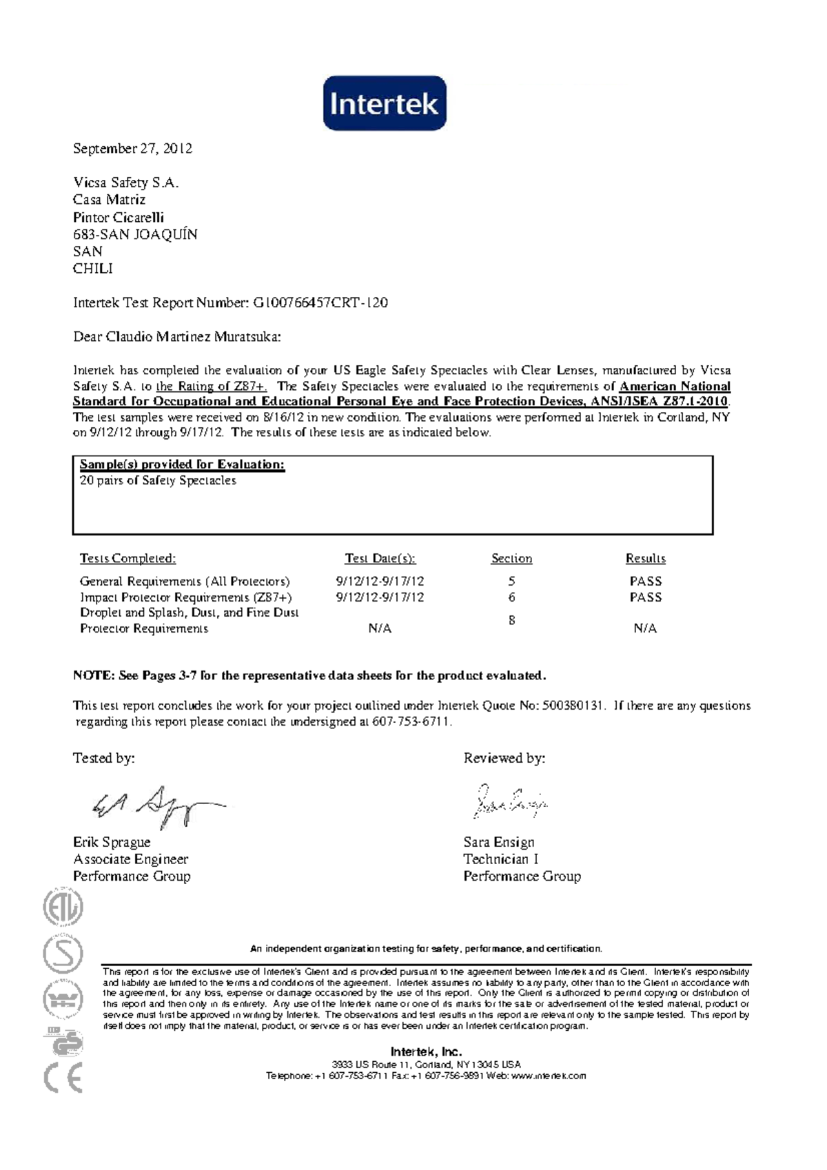 Intertek Test Report: Safety Spectacles US Eagle Clear Lenses - Studocu