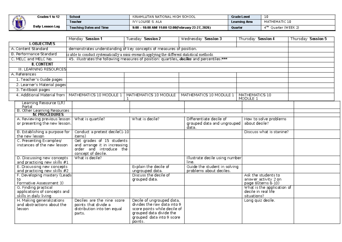 DLL MATH 10 Q4 WK 2: Daily Lesson Log for Measures of Position - Studocu