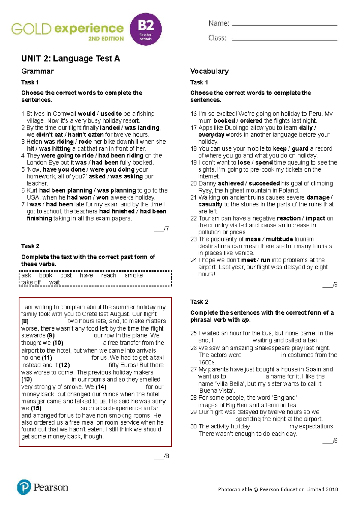Gold Exp B2 Unit 2 Language Test A - Grammar & Vocabulary Exercises ...