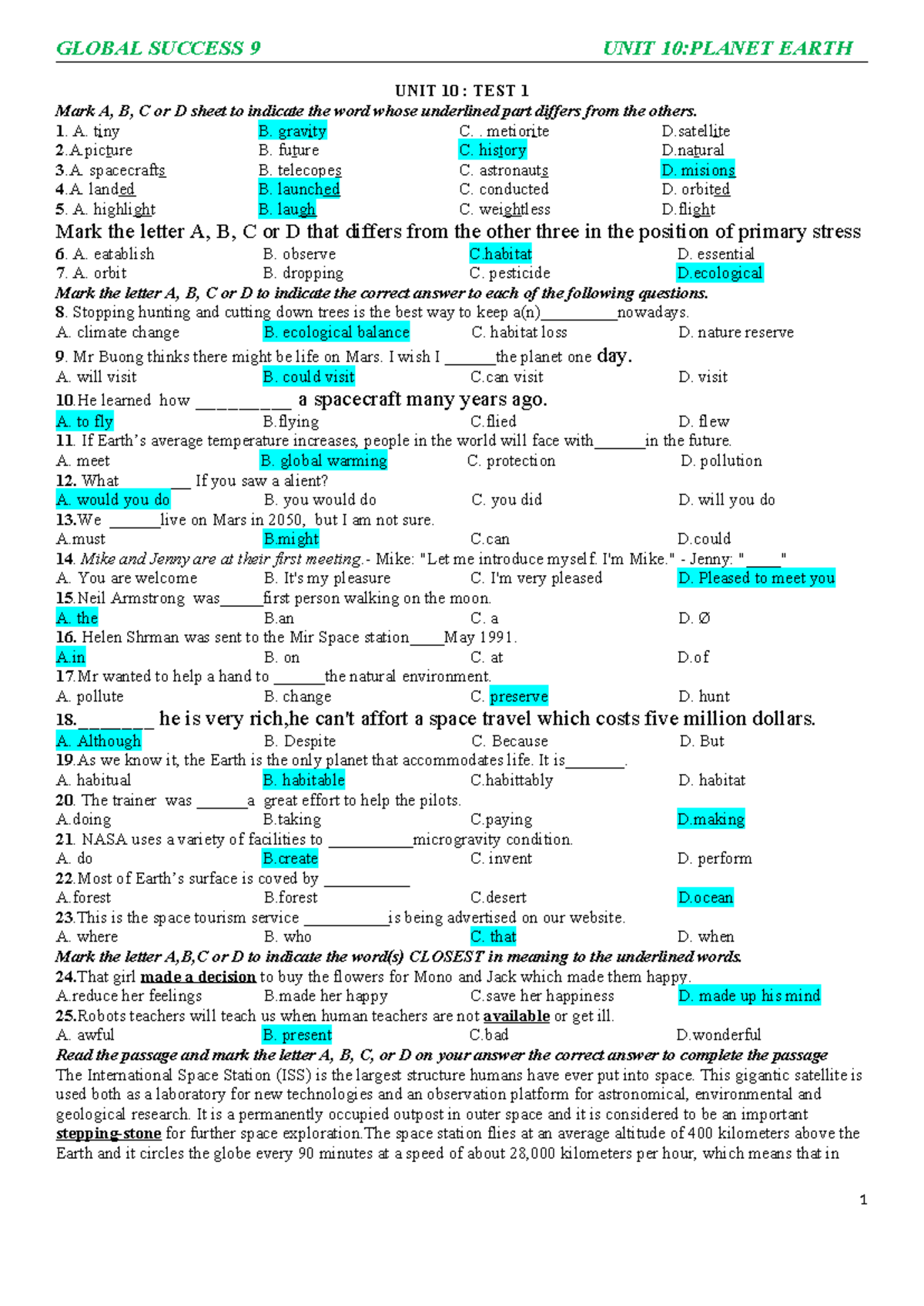 GLOBAL SUCCESS 9 UNIT 10: PLANET EARTH - PRACTICE TEST KEY - Studocu