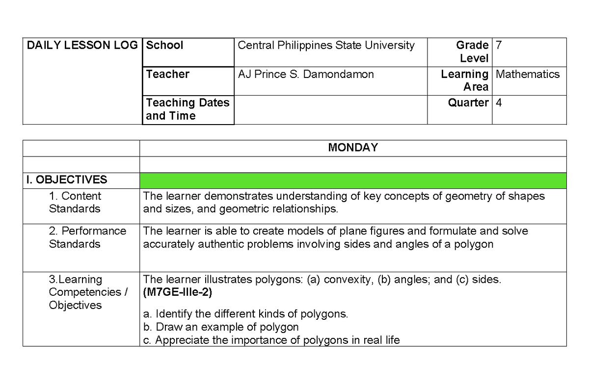 Daily Lesson Log: Geometry of Polygons for Grade 7 (Quarter 4) - Studocu