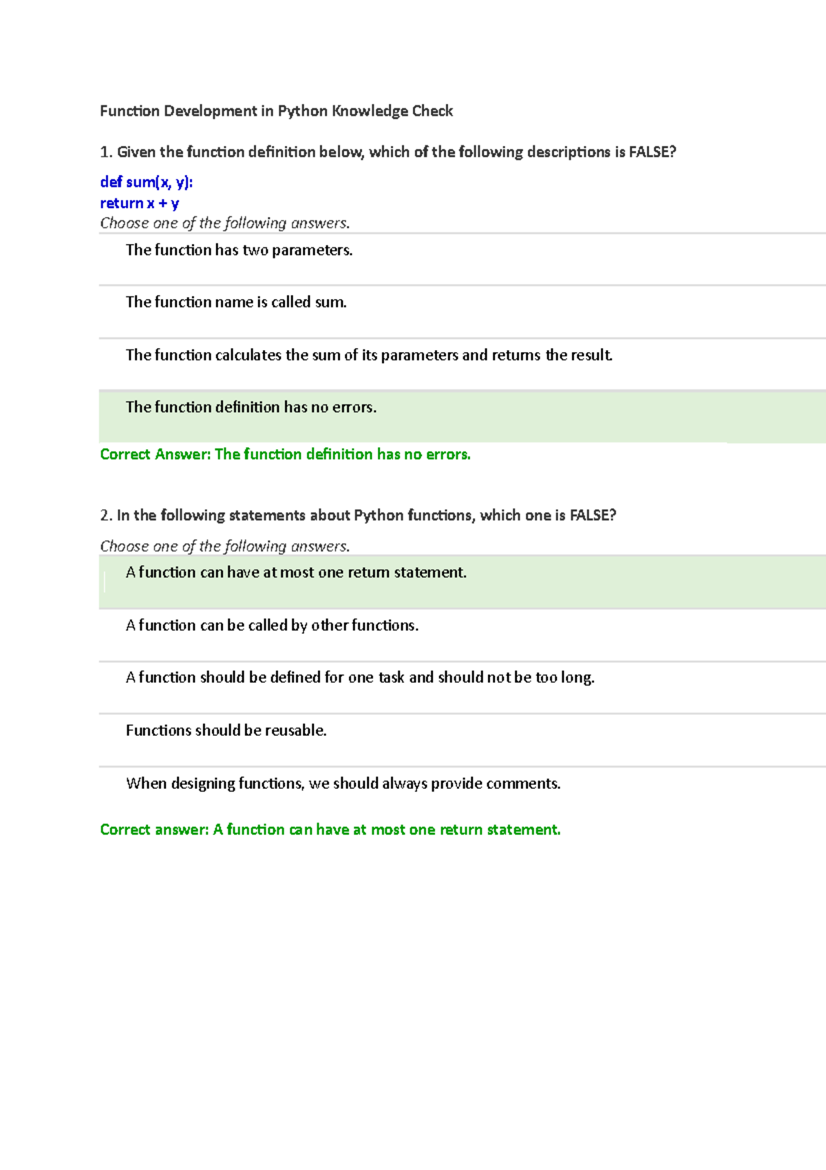MA1008 Wk 7 Python Function Dev Knowledge Check Answers 2021/22 - Studocu
