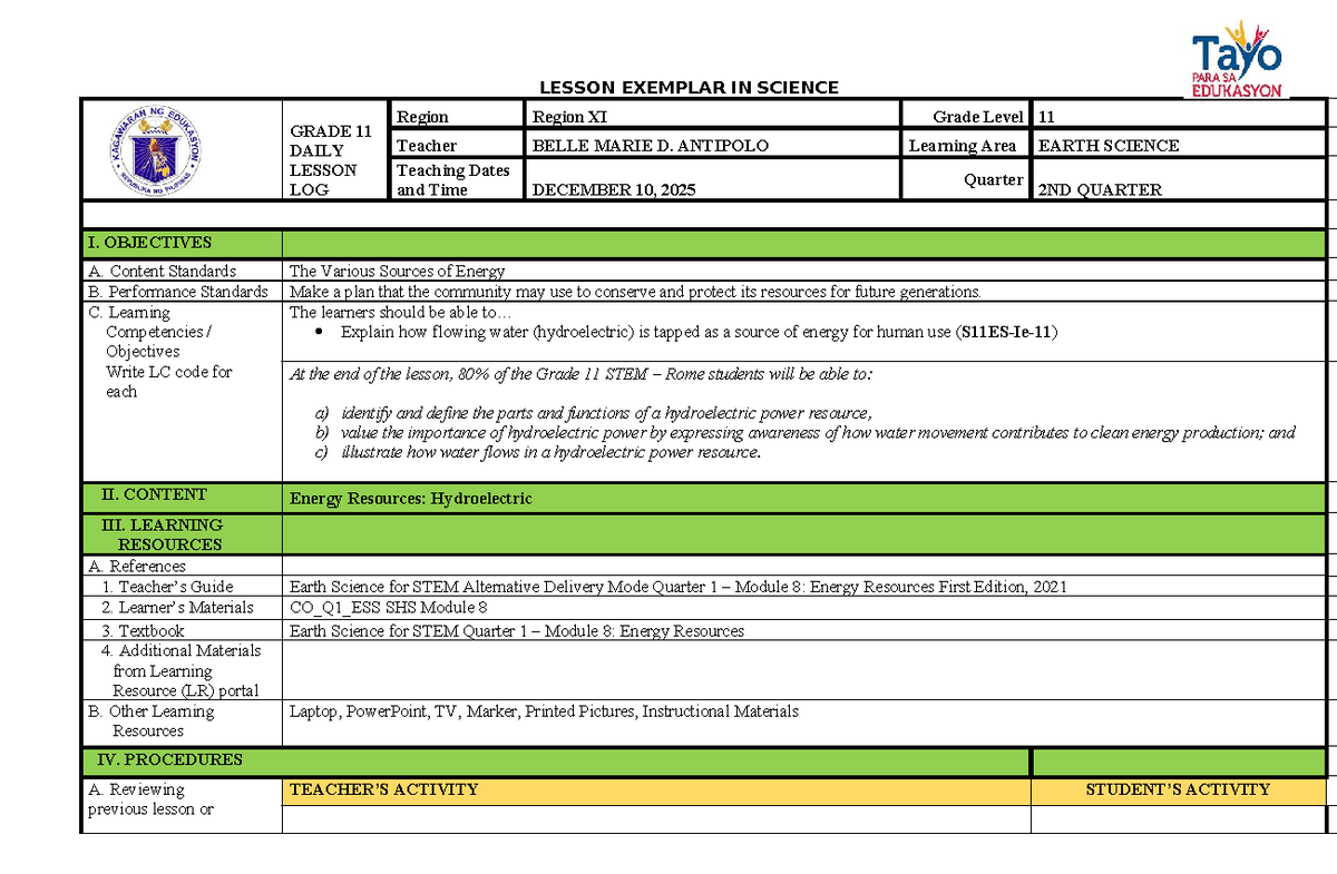 LESSON EXEMPLAR IN EARTH SCIENCE GRADE 11: HYDROELECTRIC POWER - Studocu