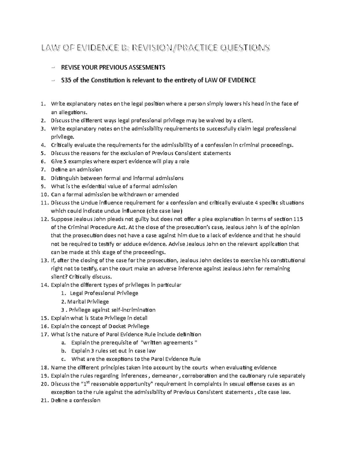 LAW OF Evidence B - Practice Questions & Key Concepts Review - Studocu
