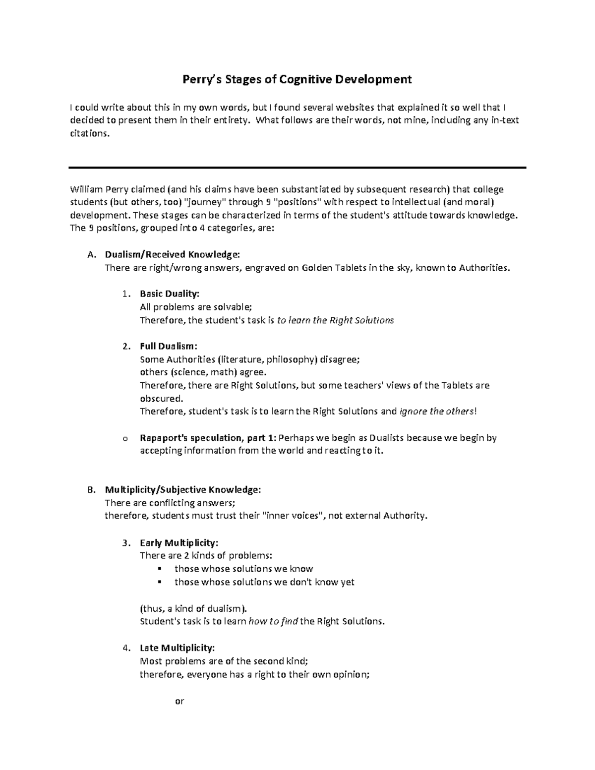 Perry's Stages of Cognitive Development: A Comprehensive Overview - Studocu