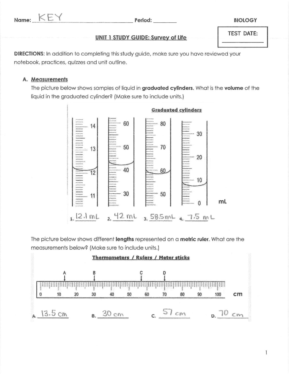 UNIT 1 STUDY GUIDE: Survey of Life - Biology Test Prep - Studocu