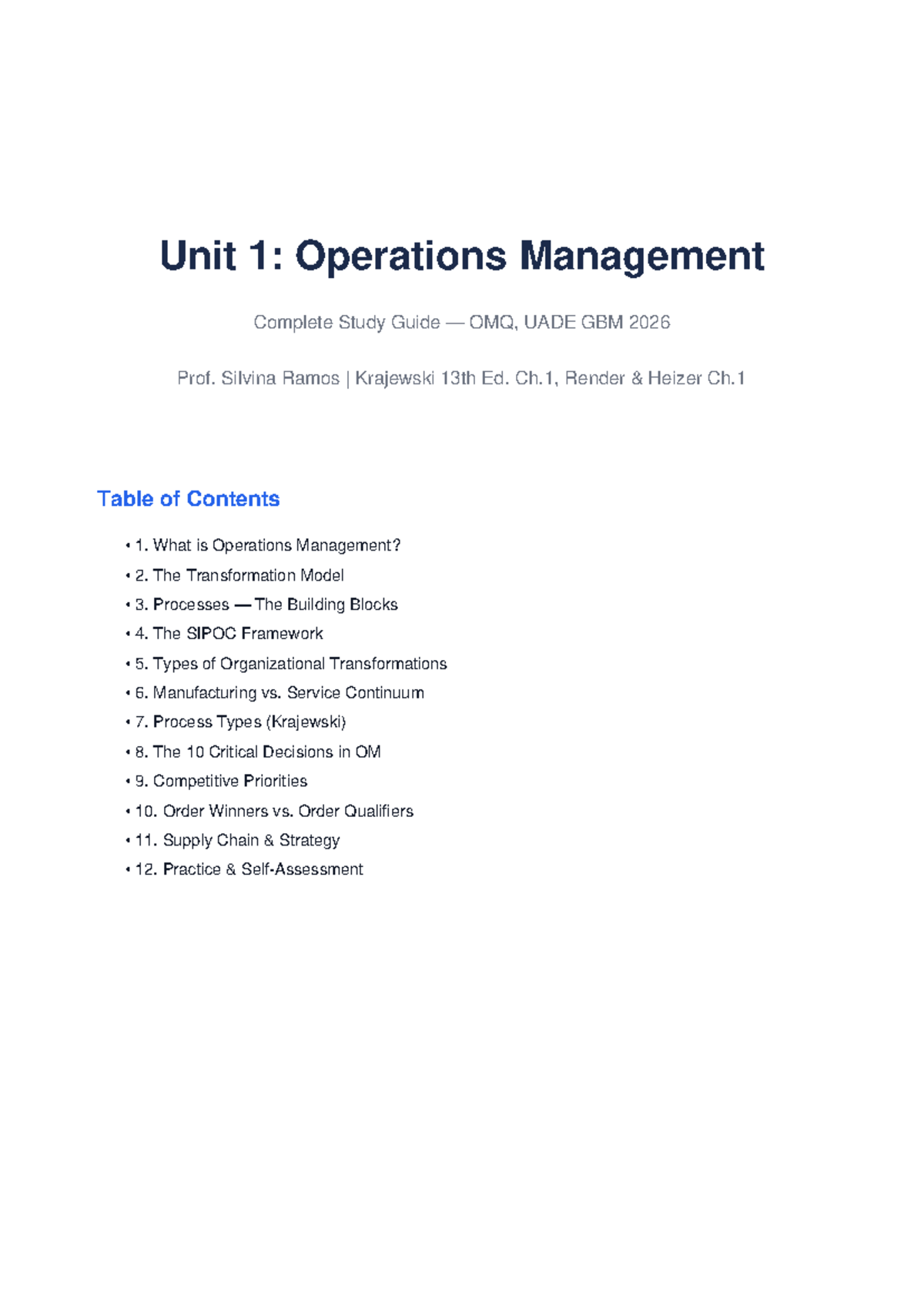 Unit 1: Operations Management Study Guide OMQ, UADE GBM 2026 - Studocu