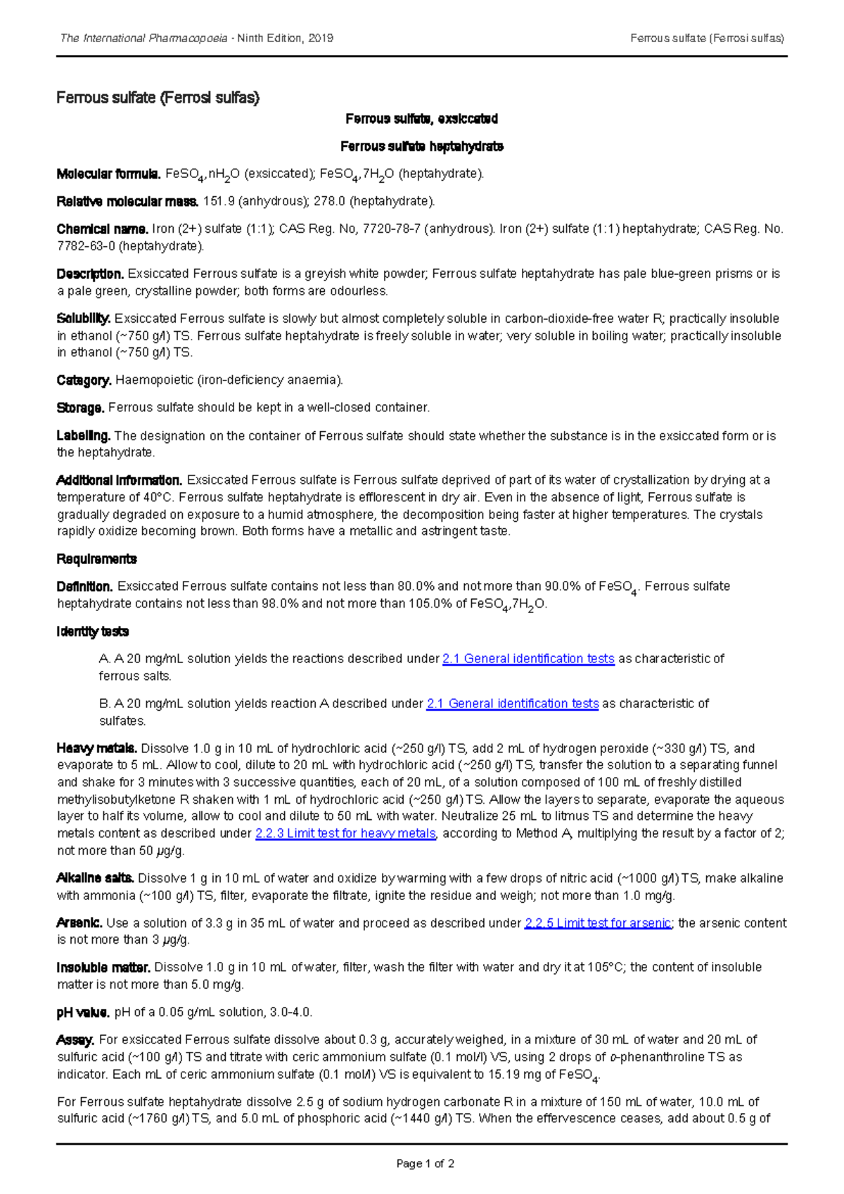 6.1 - Ferrous Sulfate: Compositions, Tests, and Assays Notes - Studocu