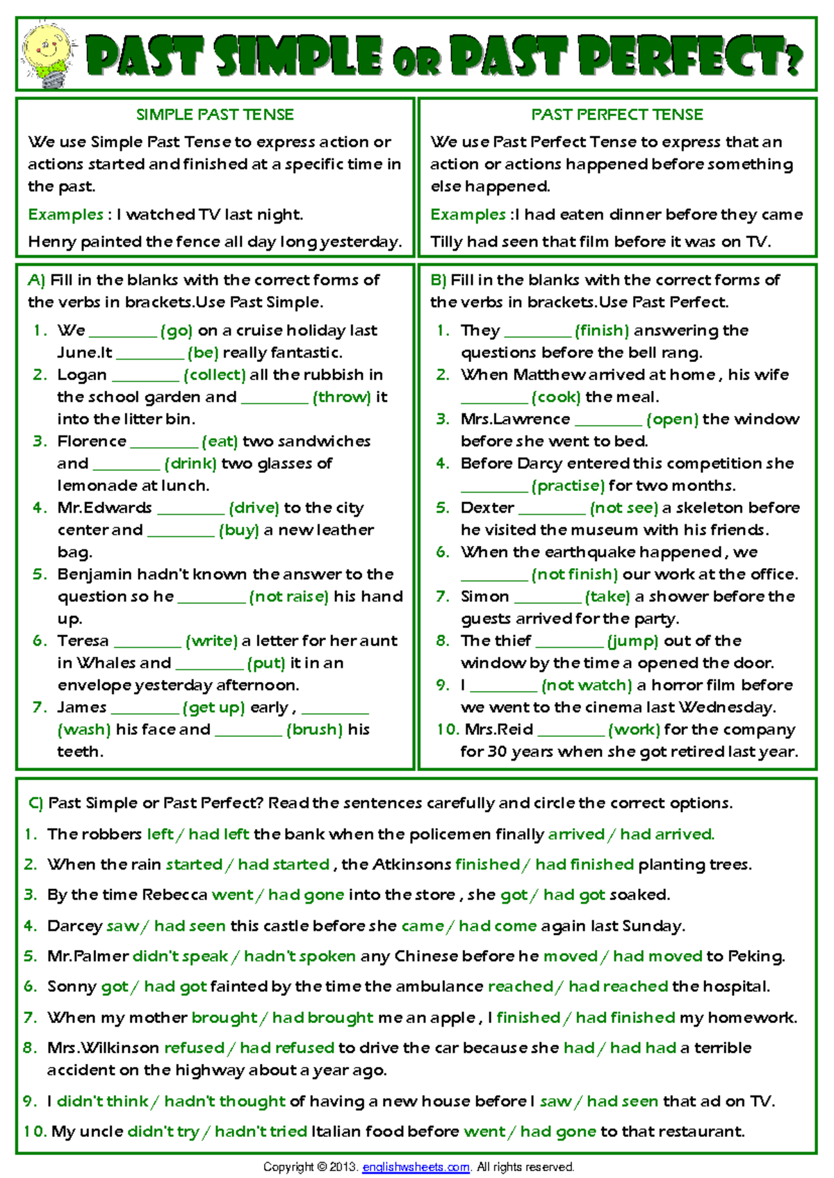 Simple past or past perfect tense grammar exercises worksheet ...