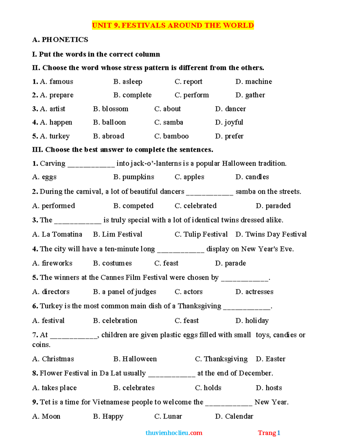 UNIT 9: Festivals Around the World - Phonetics & Activities - Studocu