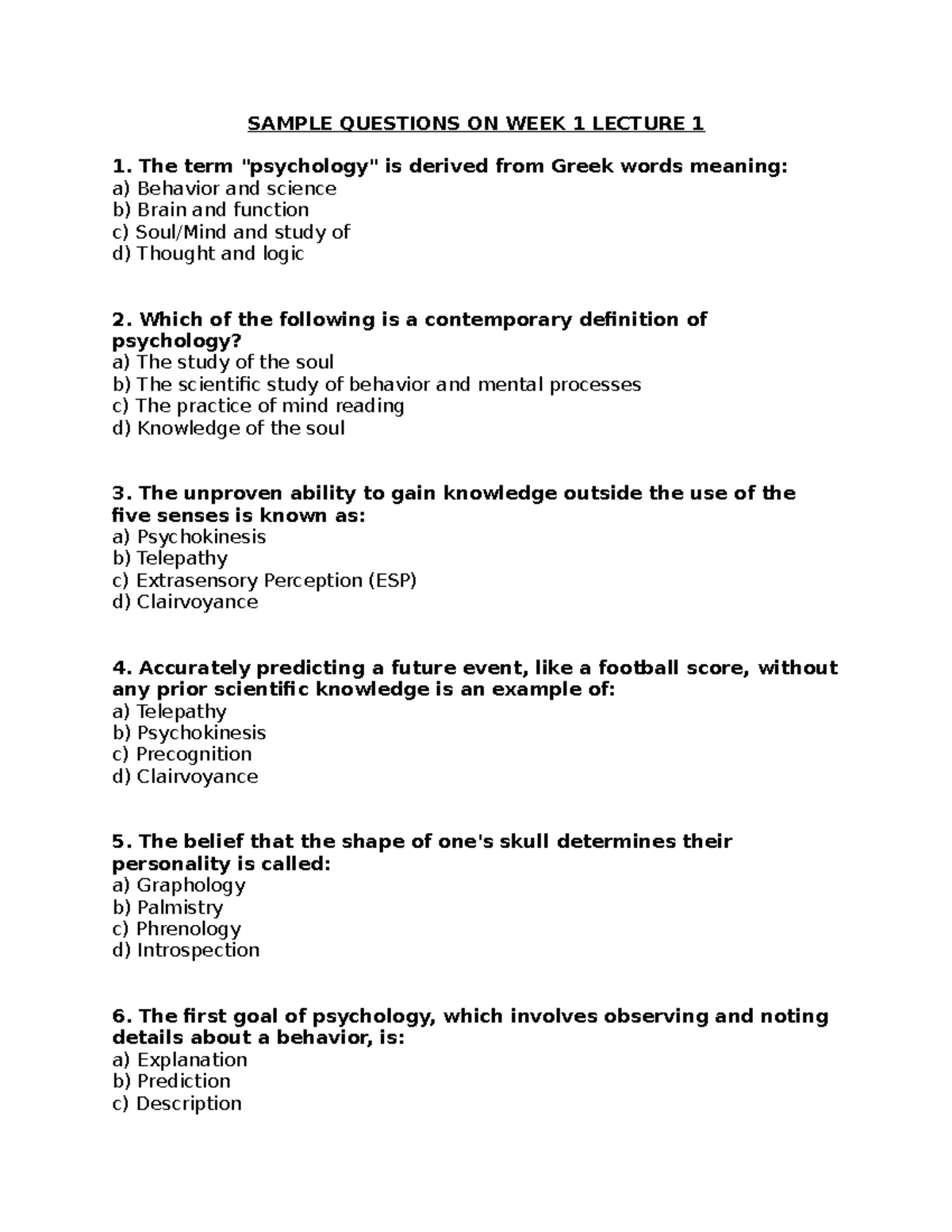 SAMPLE QUESTIONS FOR PSYCHOLOGY 101: WEEK 1 LECTURE 1 - Studocu