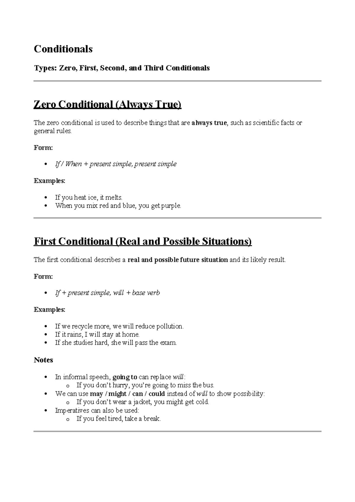 Conditionals Types: Zero, First, Second, Third - Notes & Examples - Studocu