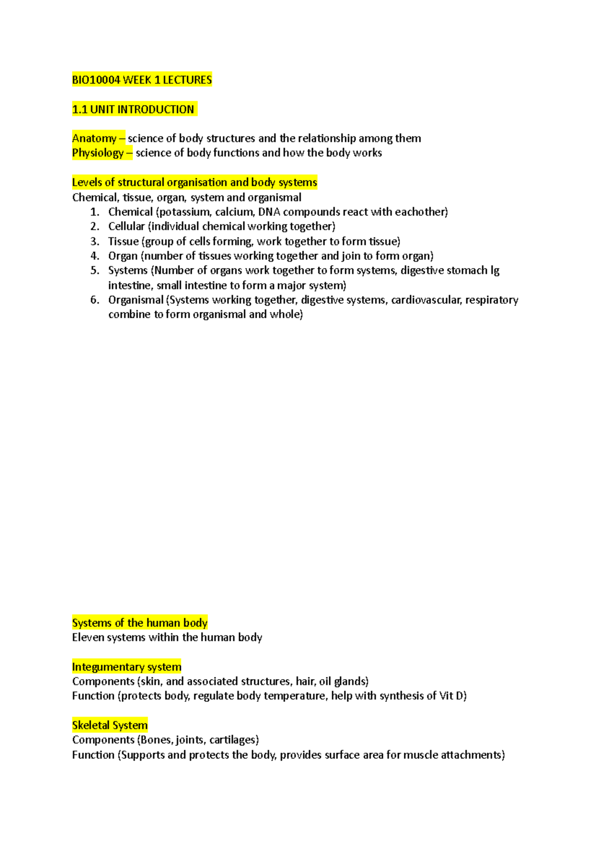 BIO10004 Week 1 Lecture Notes: Introduction to Human Anatomy ...