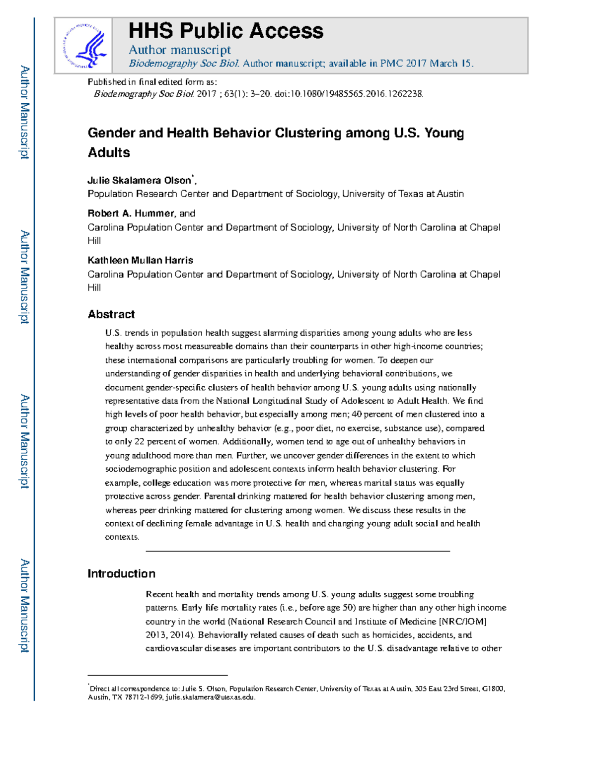 Nihms 836900 - Gender Disparities in Health Behaviors of U.S. Young ...