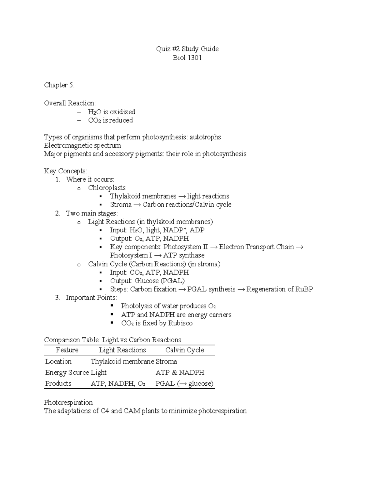 Quiz 2 Study Guide: Photosynthesis in Biol 1301 Chapter 5 - Studocu