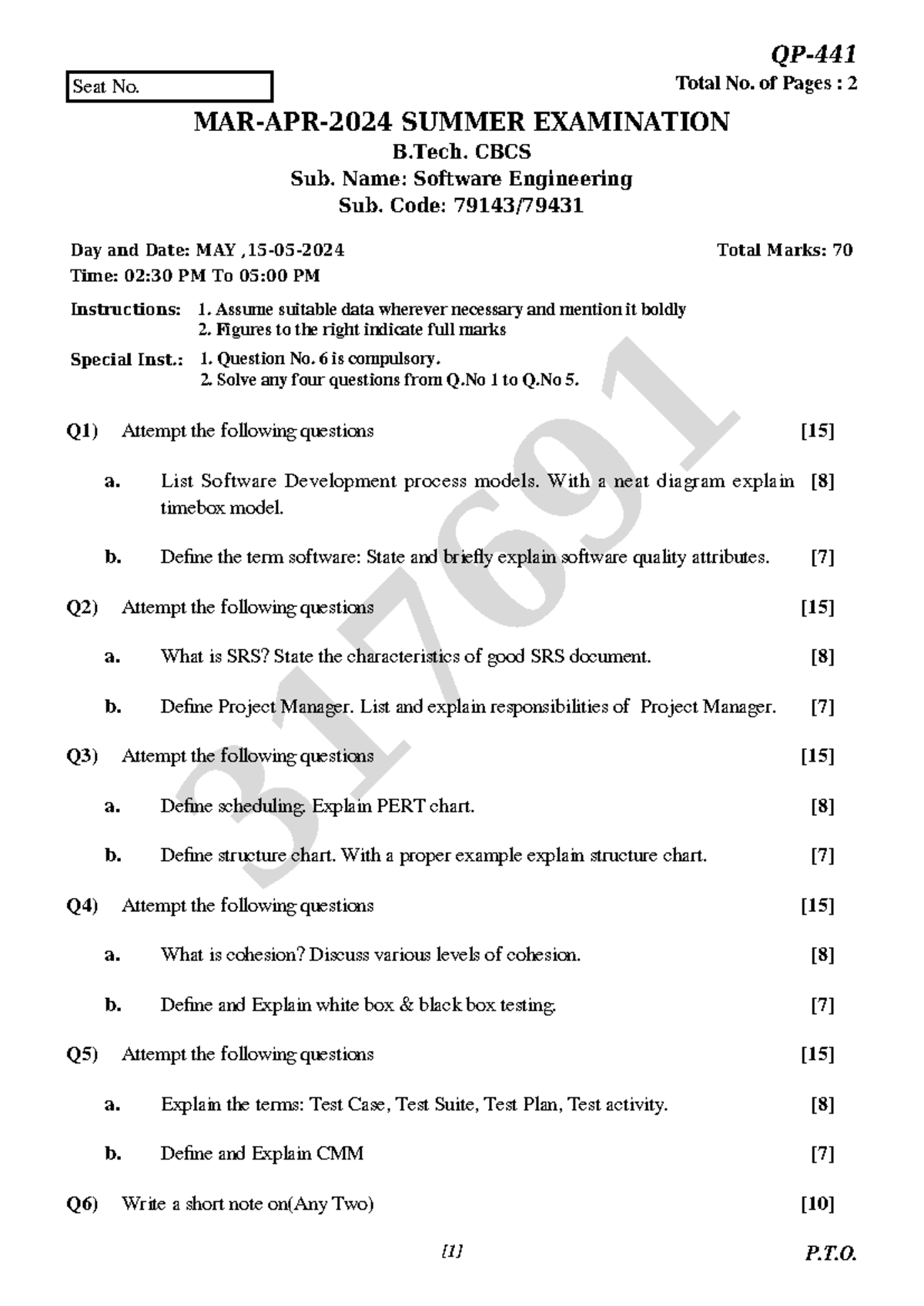 B.Tech. Software Engineering SUMMER EXAM 79143 - Question Paper ...