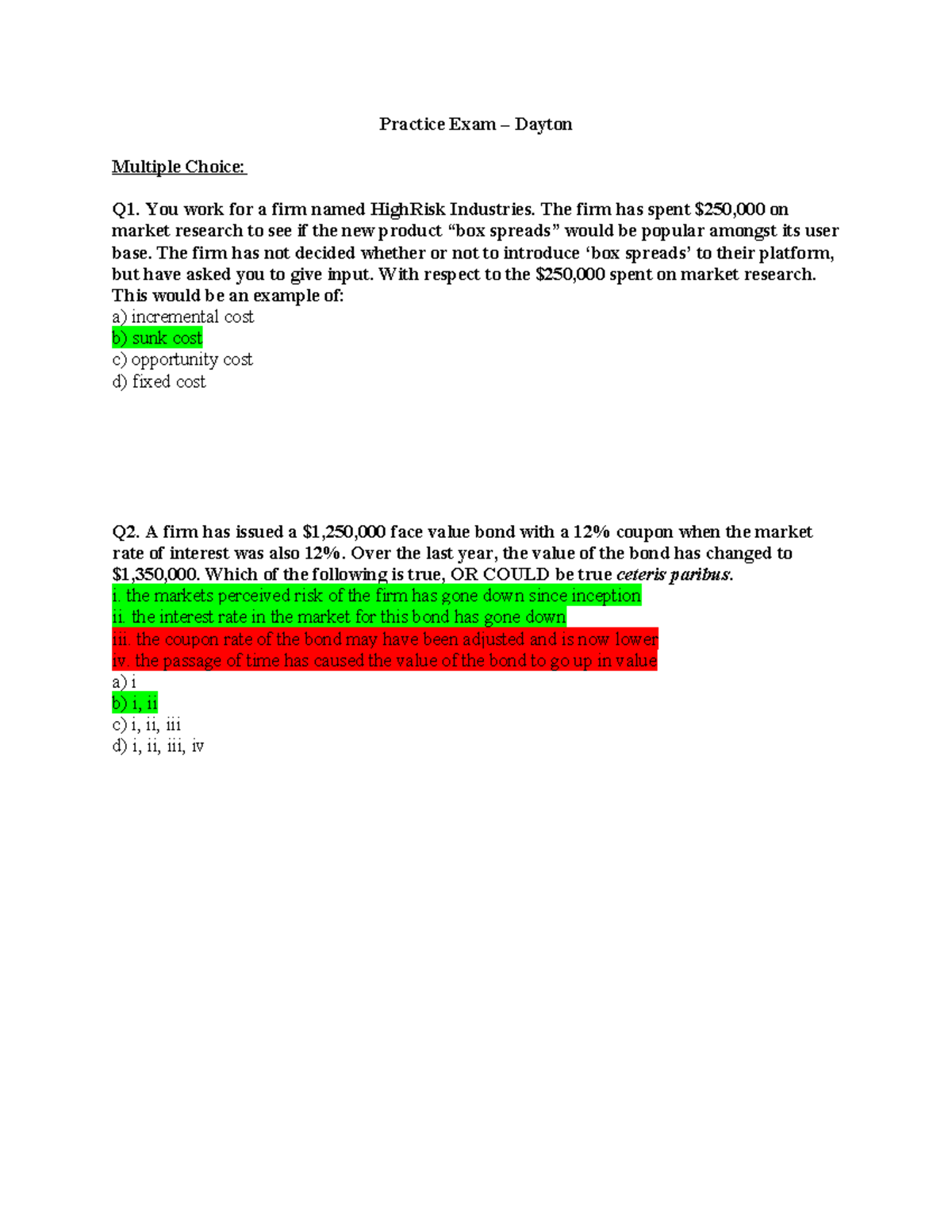 Practice Final Exam - Answers for Finance 101 - Studocu