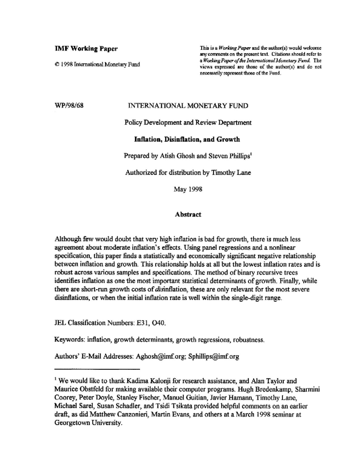 IMF Working Paper: Inflation, Disinflation, and Growth Analysis - Studocu