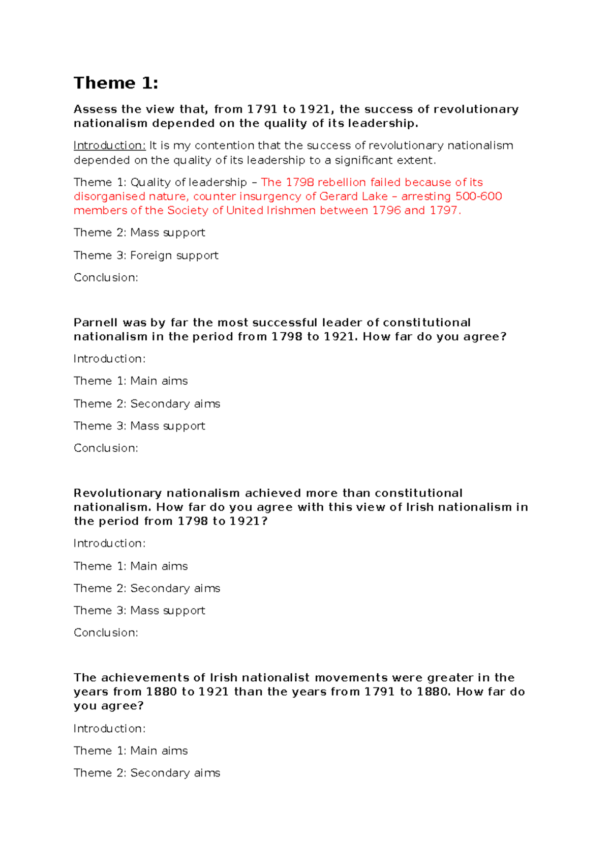 Ireland Essay Plans: Assessing Nationalism & Leadership (1791-1921 ...
