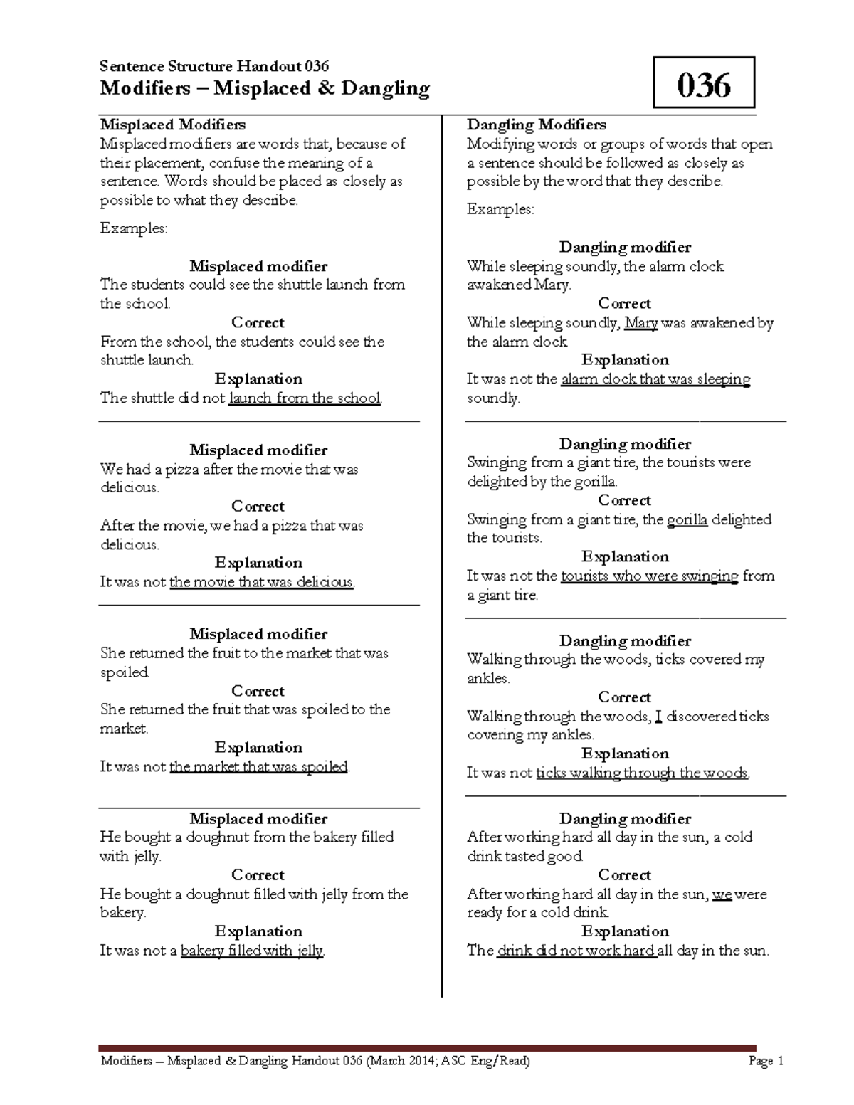 036 modifiers - dangling misplaced - Sentence Structure Handout 036 ...