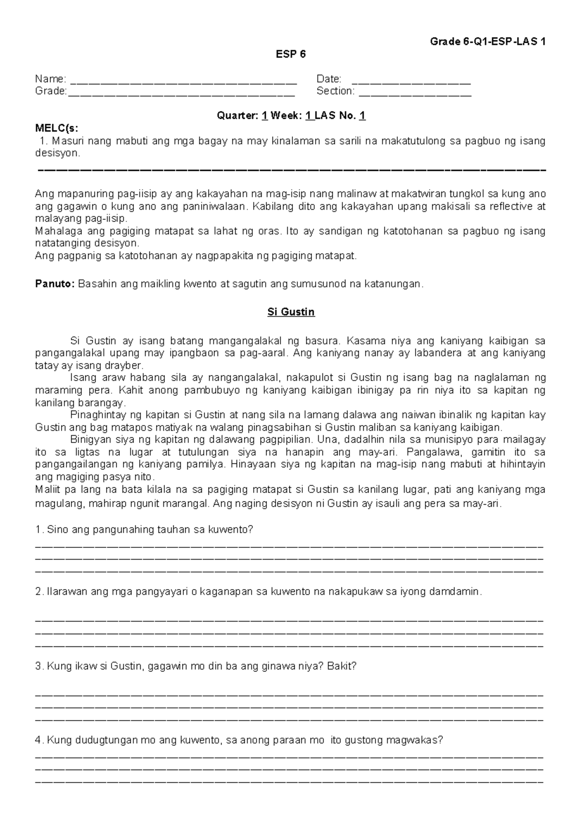 Grade 6 Q1 ESP LAS 1: Understanding Honesty and Decision-Making - Studocu