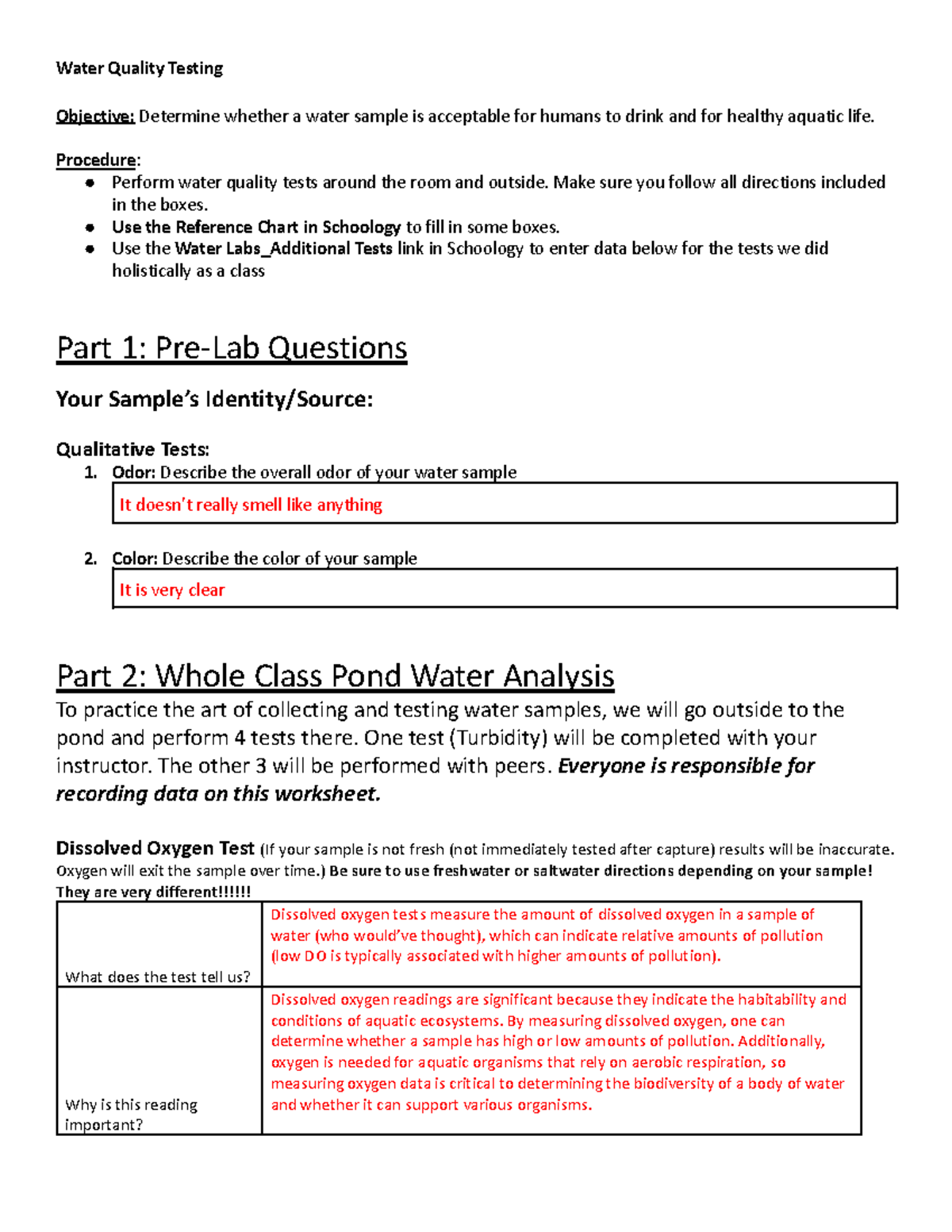 Copy of Water Quality Testing Labsheet Pond - Water Quality Testing ...