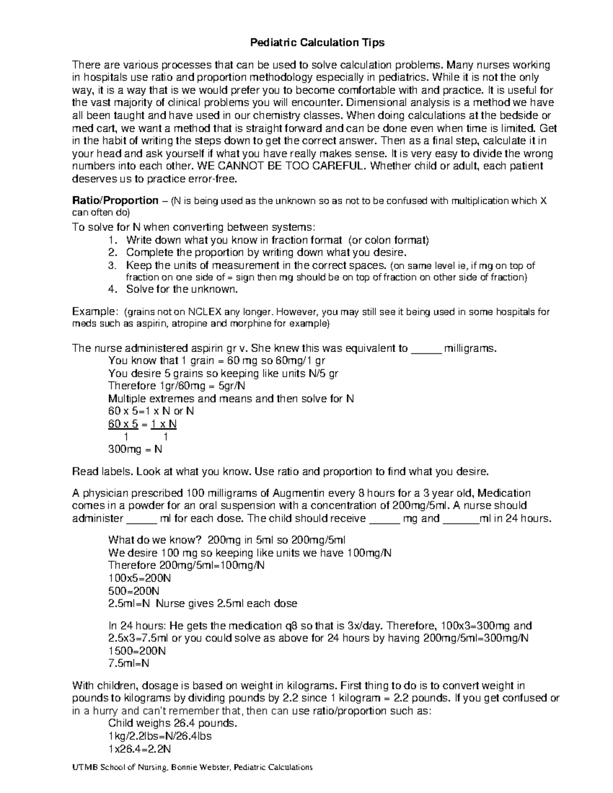 Pediatric Calculation Tips for Nursing (UTMB 20-3) - Studocu