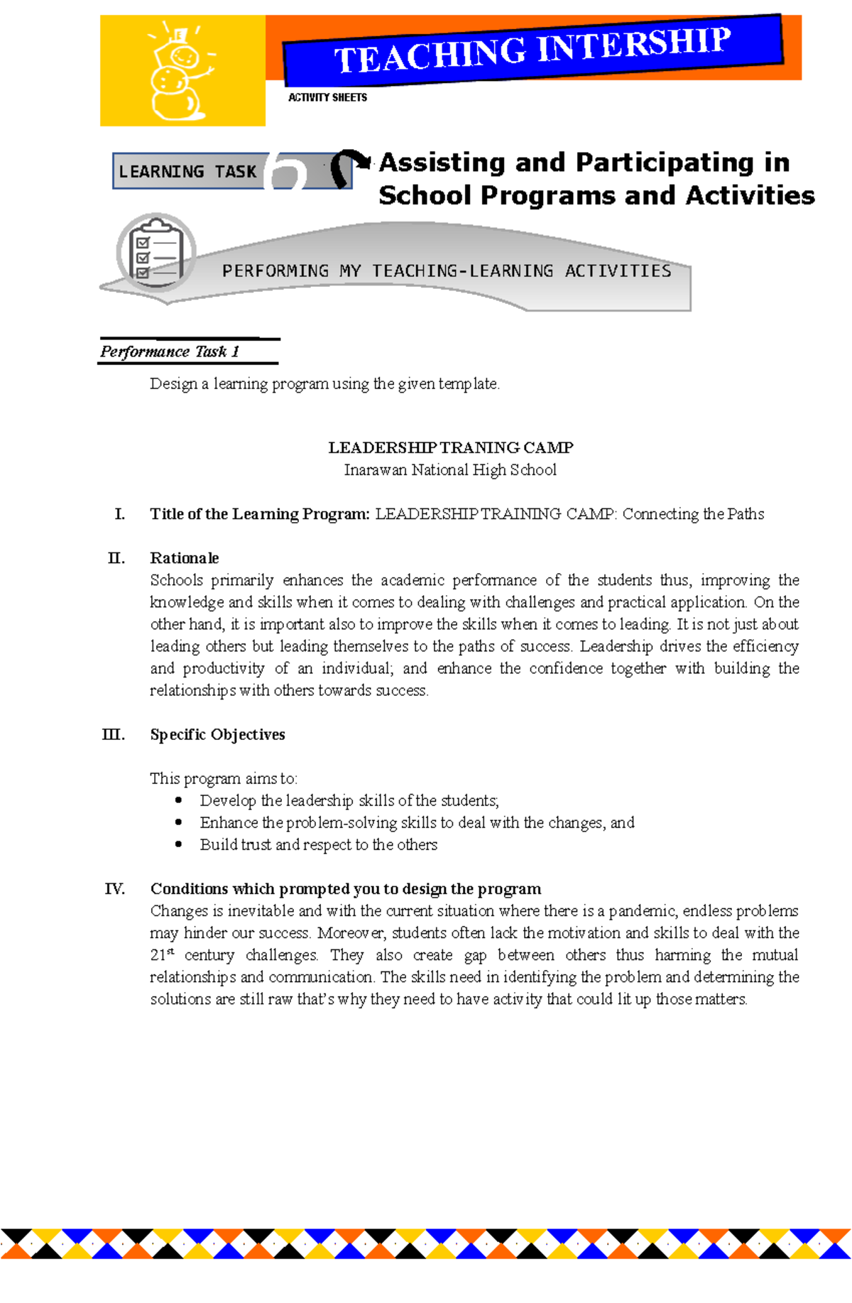 Leadership Training Camp Program Design - Learning Task 06 - Studocu