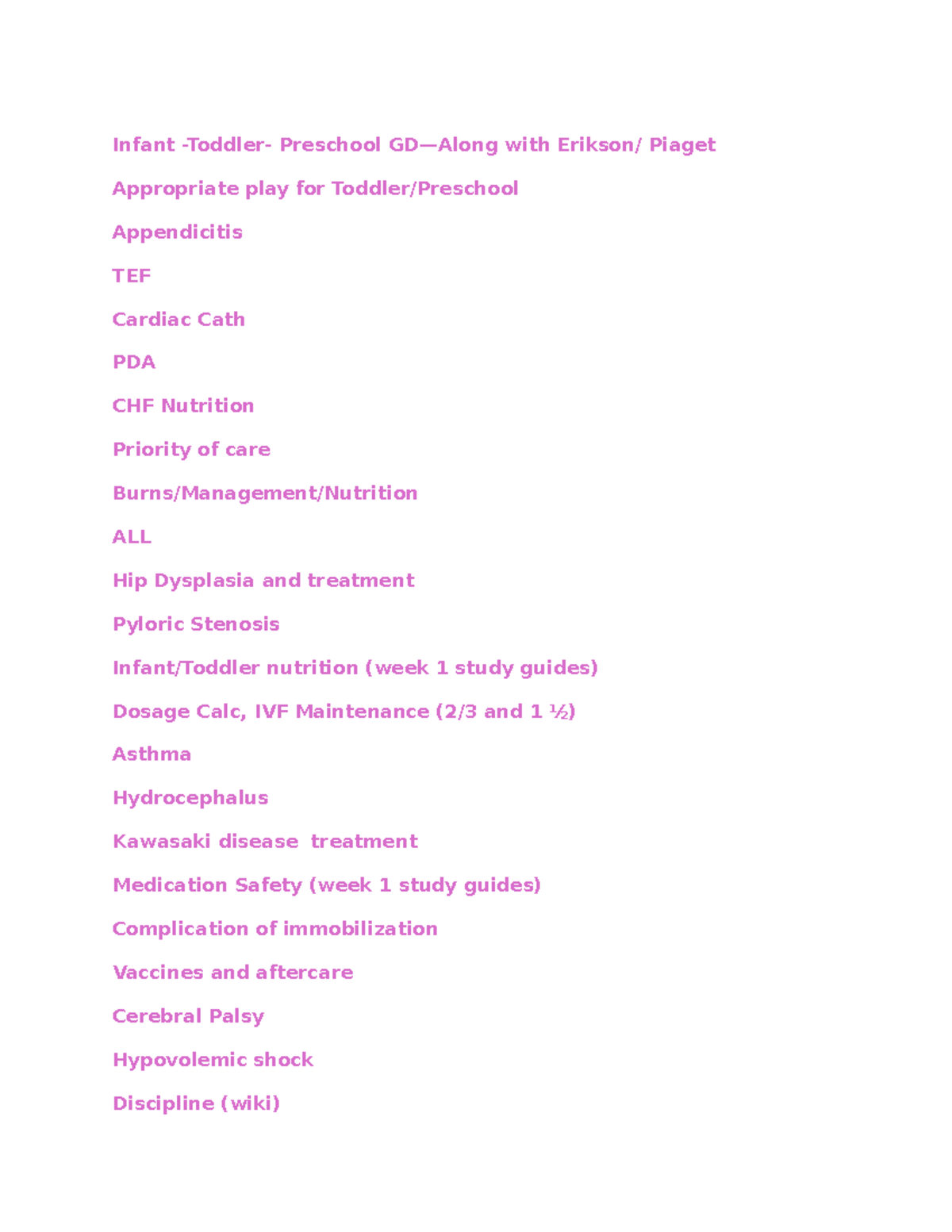 Study Guide topics for Cumulative - Infant -Toddler- Preschool GD—Along ...