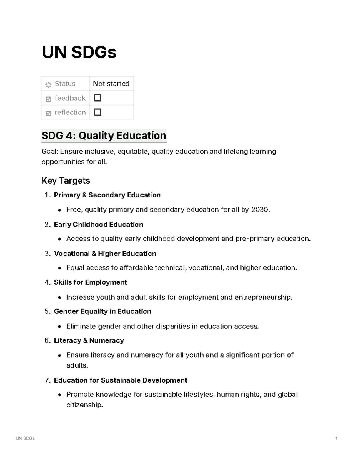 SDG Notes - Summary of sdg information - UN SDGs Status Not started ...