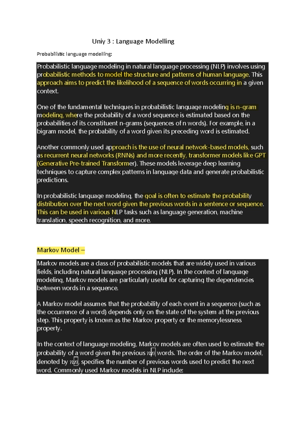 NLP UNIT 3: Language Modelling and Markov Models Notes - Studocu