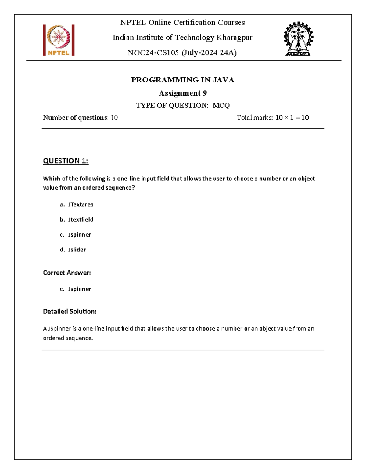 24A - W09 - Final MCQ - Nptel Java Programming Assignment - Studocu