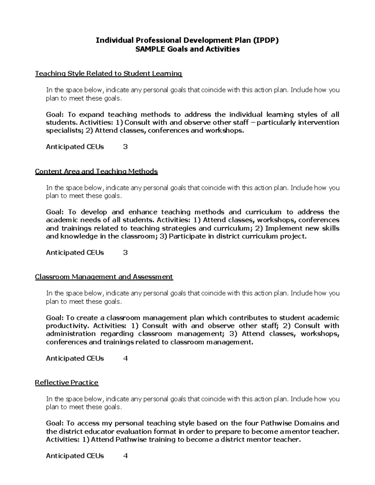 IPDP Sample Goals & Activities for Professional Development - Studocu