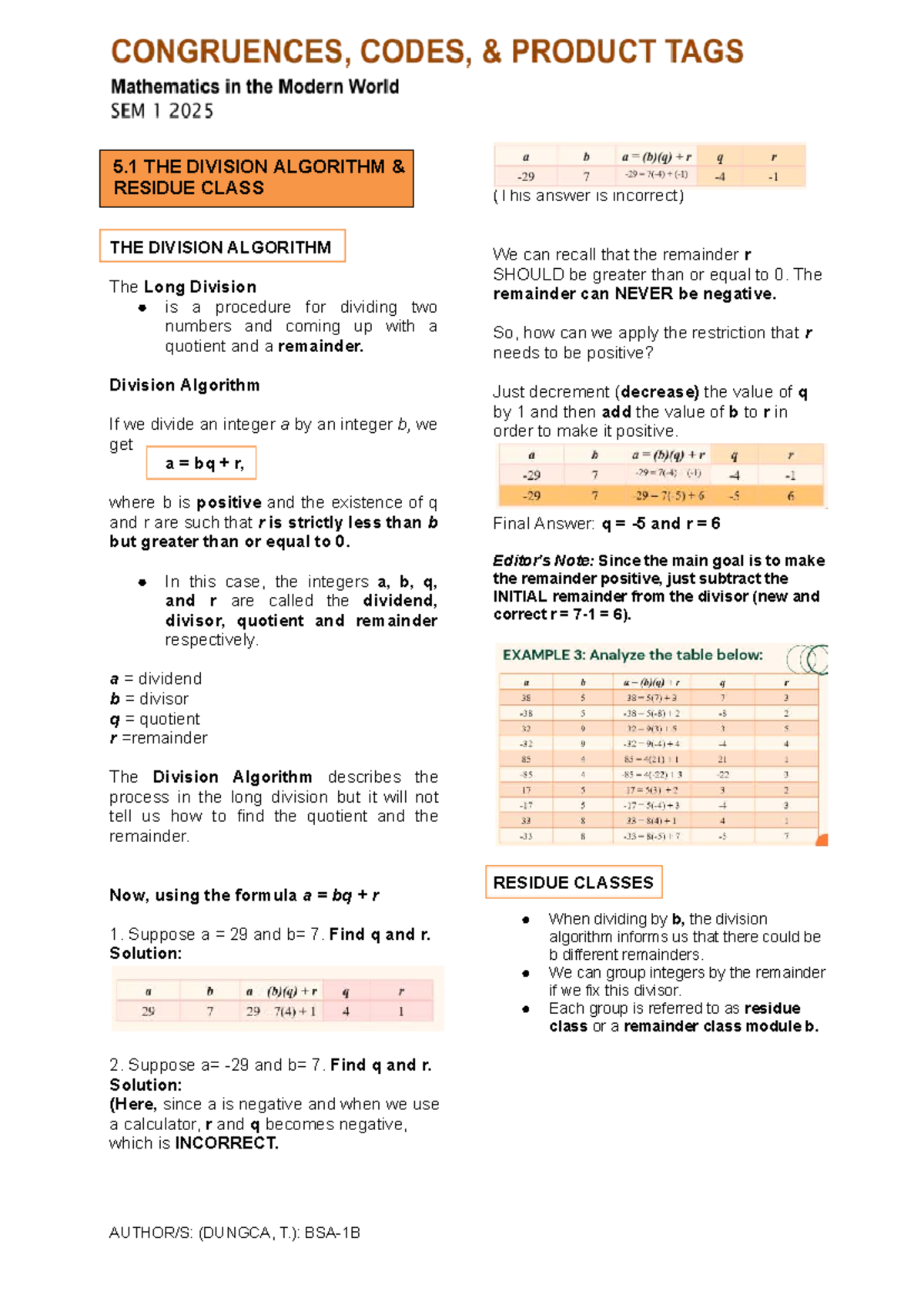 MMW 5: Division Algorithm & Residue Classes - Finals Notes - Studocu