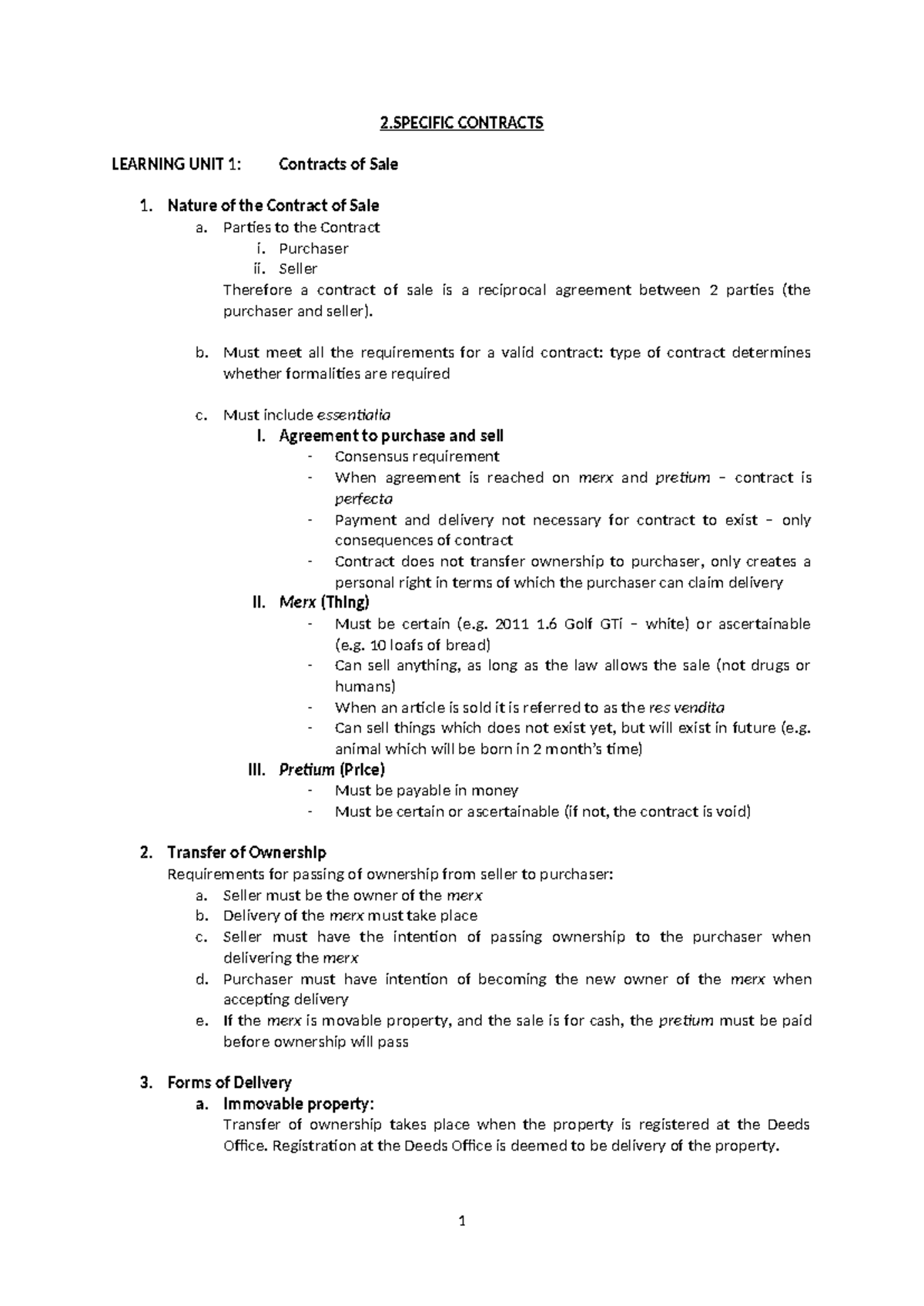 LMK206D Specific Contract Notes: Sale & Credit Agreements 2024 - Studocu