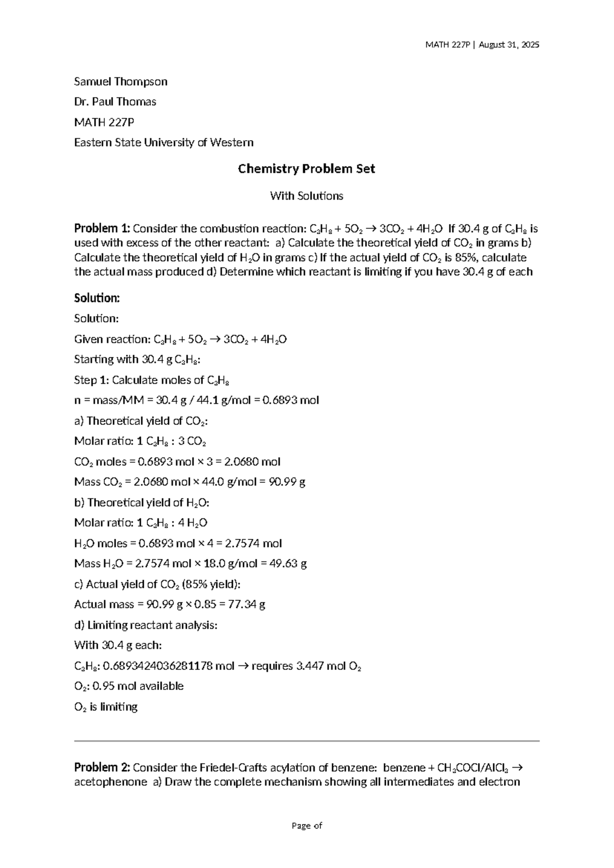 MATH 227P Chemistry Problem Set Solutions - August 31, 2025 - Studocu