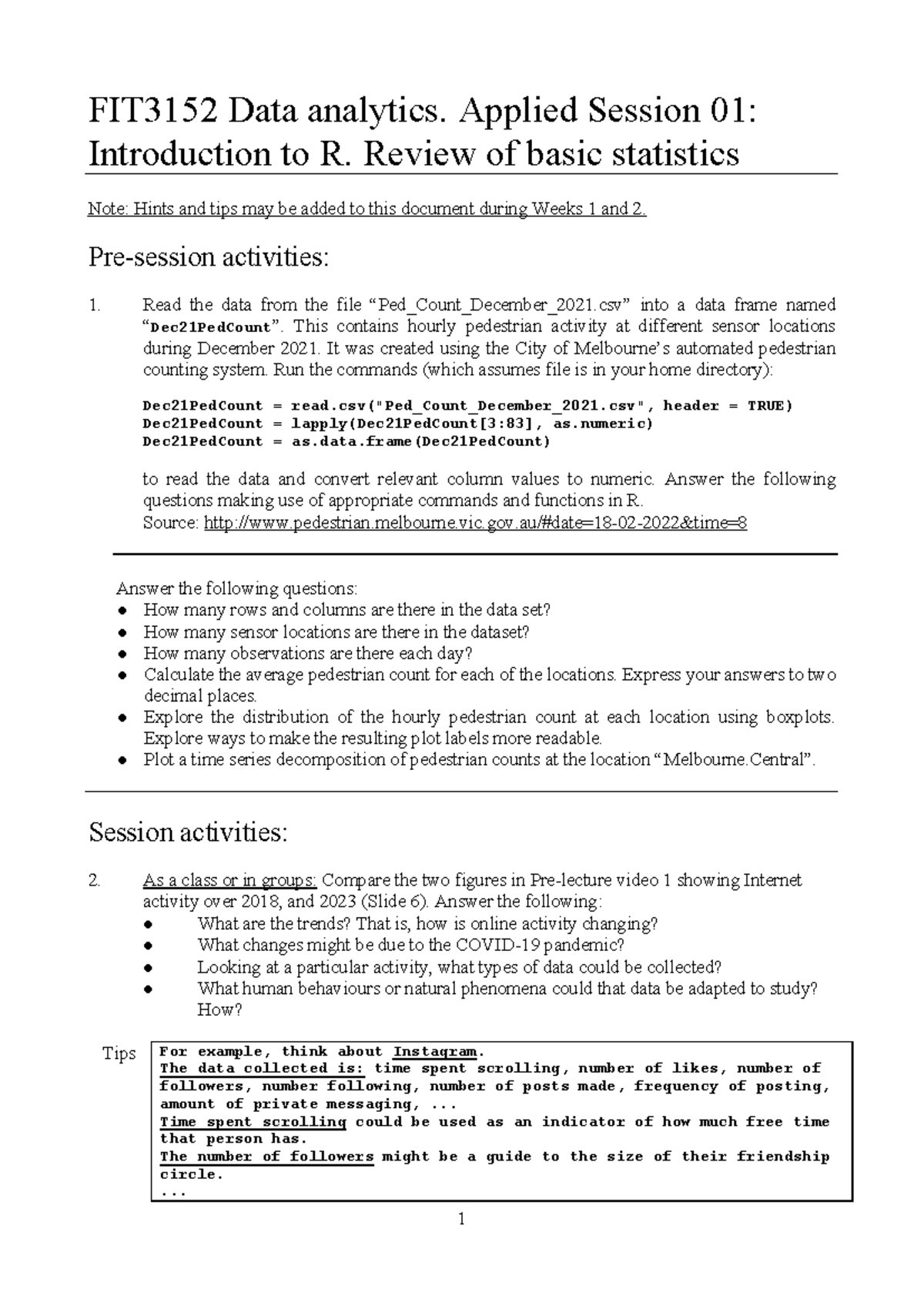 FIT3152 Applied Session 01 Questions - FIT3152 Data analytics. Applied ...