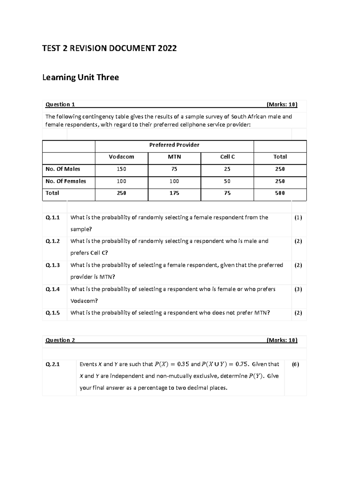 Test 2 Revision Notes for Statistics 101: Probability & Hypothesis ...