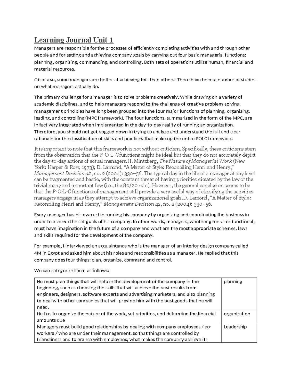 Learning Journal Unit 1: Understanding Management Functions and Skills ...
