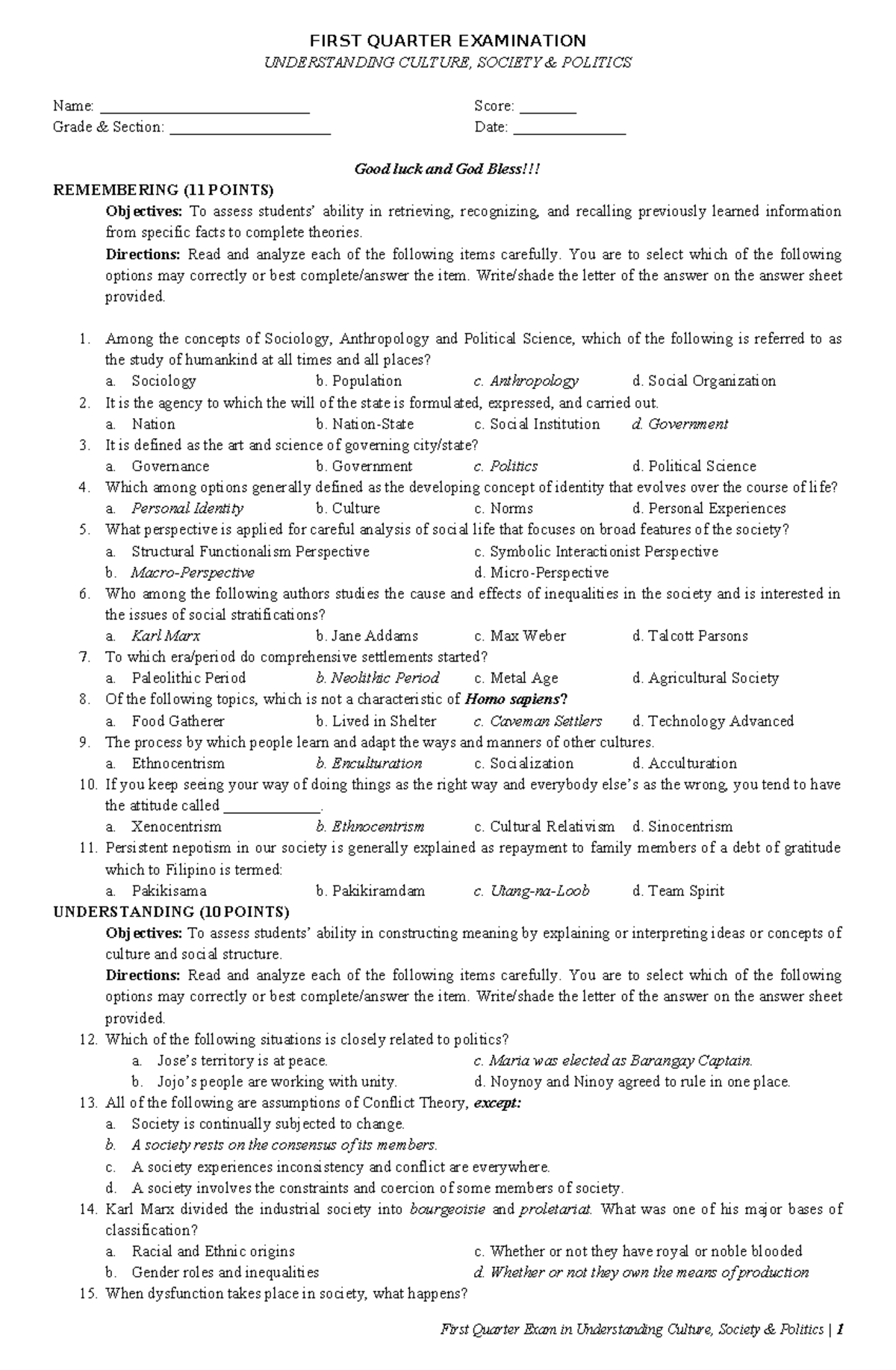 455048046 First Quarter UCSP Exam Answer Key & Guide - Studocu