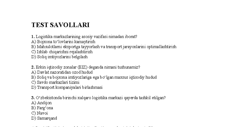 Logistika Markazlari va EIZlar: Test Savollari (TEST) - Studocu