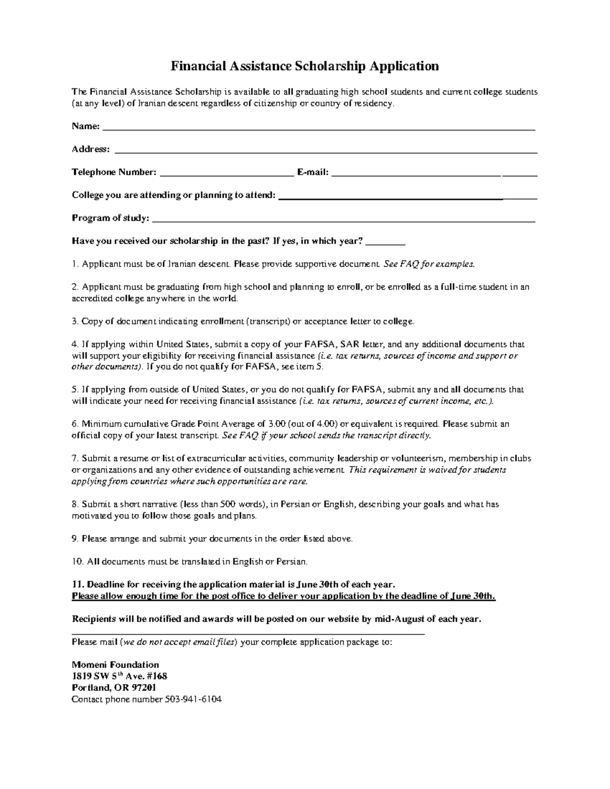 Financial Assistance Scholarship Application for Iranian Students - Studocu