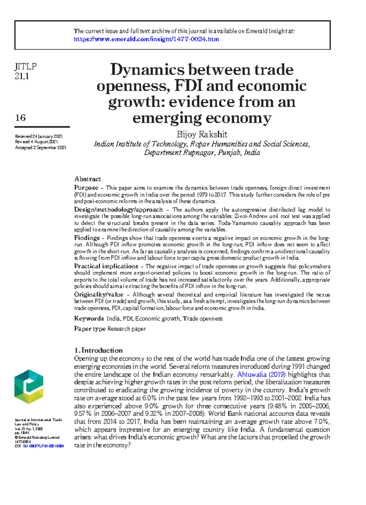 Dynamics of Trade Openness, FDI, and Economic Growth in India (JITLP 21 ...