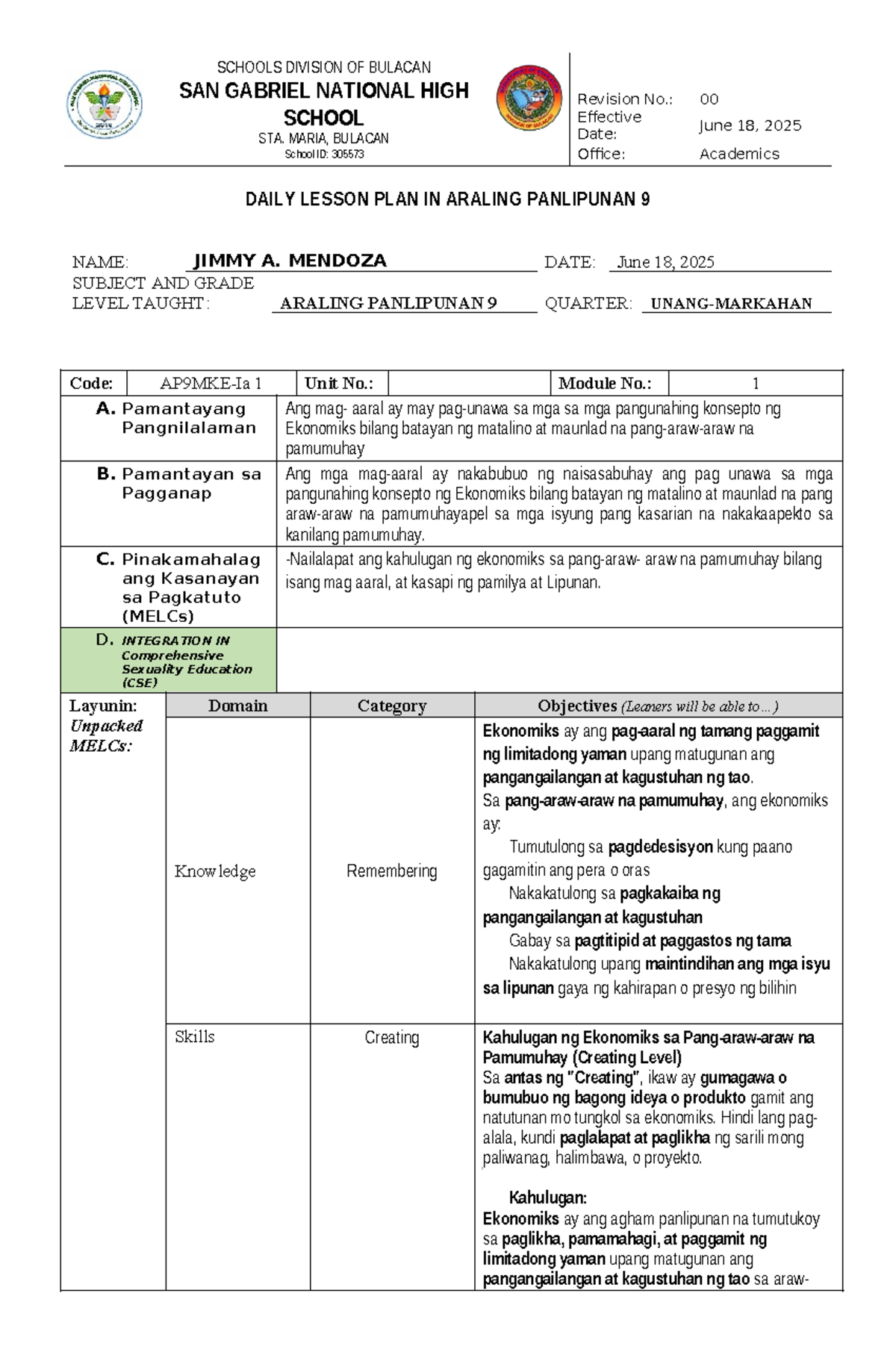 Daily Lesson Plan for Araling Panlipunan 9 (AP9) - Week 1 - Studocu