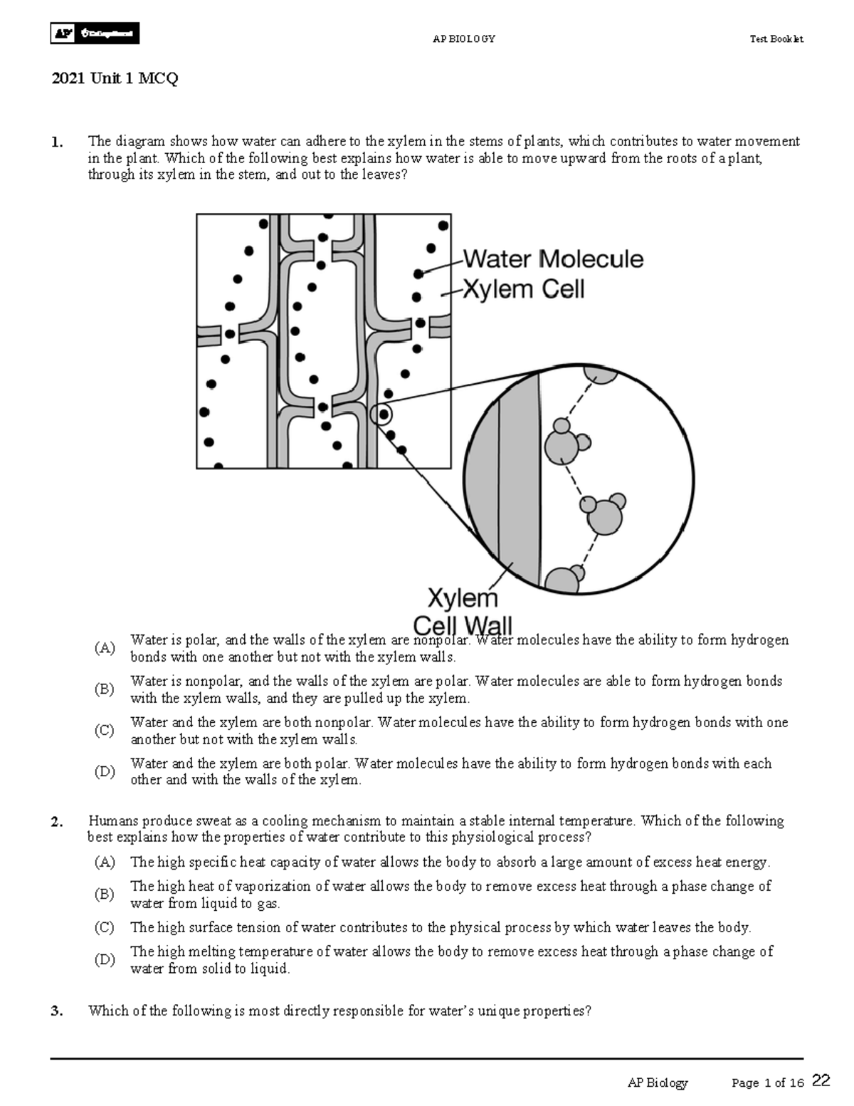AP BIOLOGY Test Booklet 2021 Unit 1 MCQ - Water Properties and Plant ...