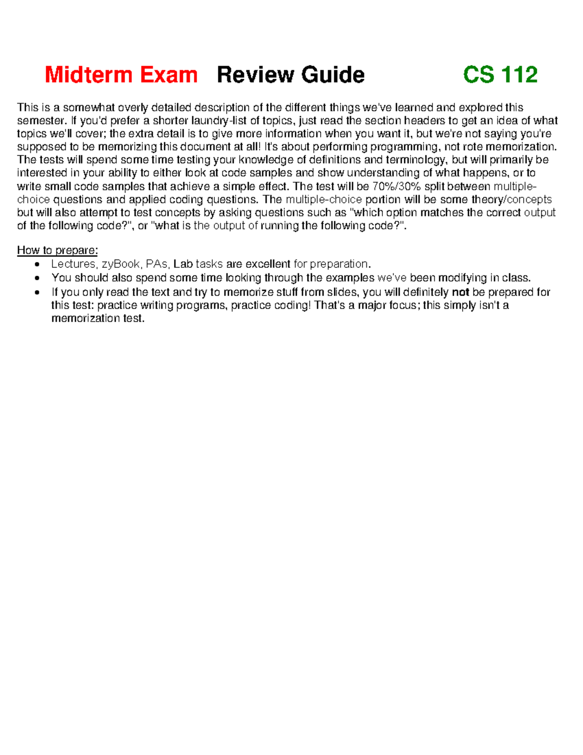 CS 112 Midterm Exam Study Guide: Key Concepts and Preparation Tips ...