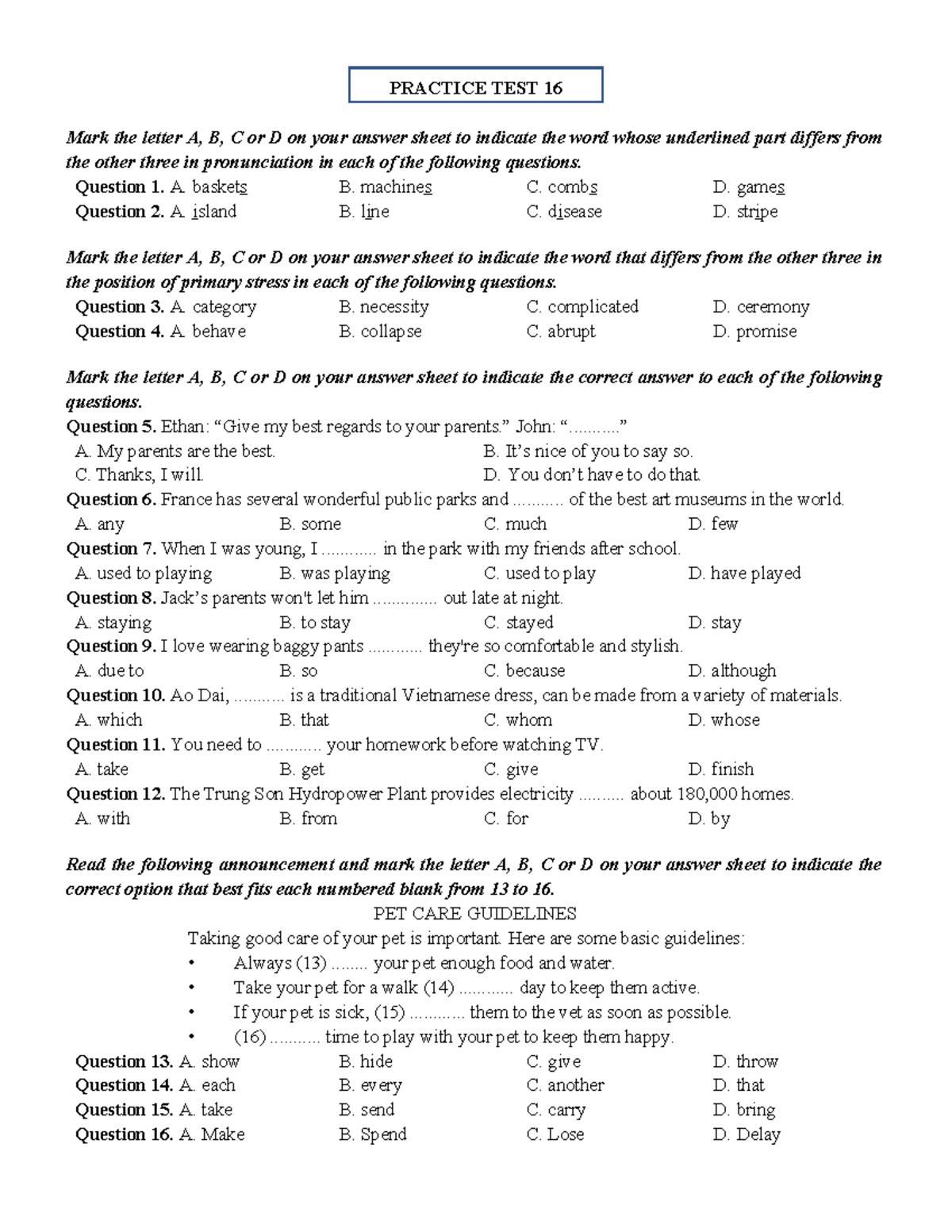 Test (16) - Practice Questions on Pronunciation and Stress - Studocu