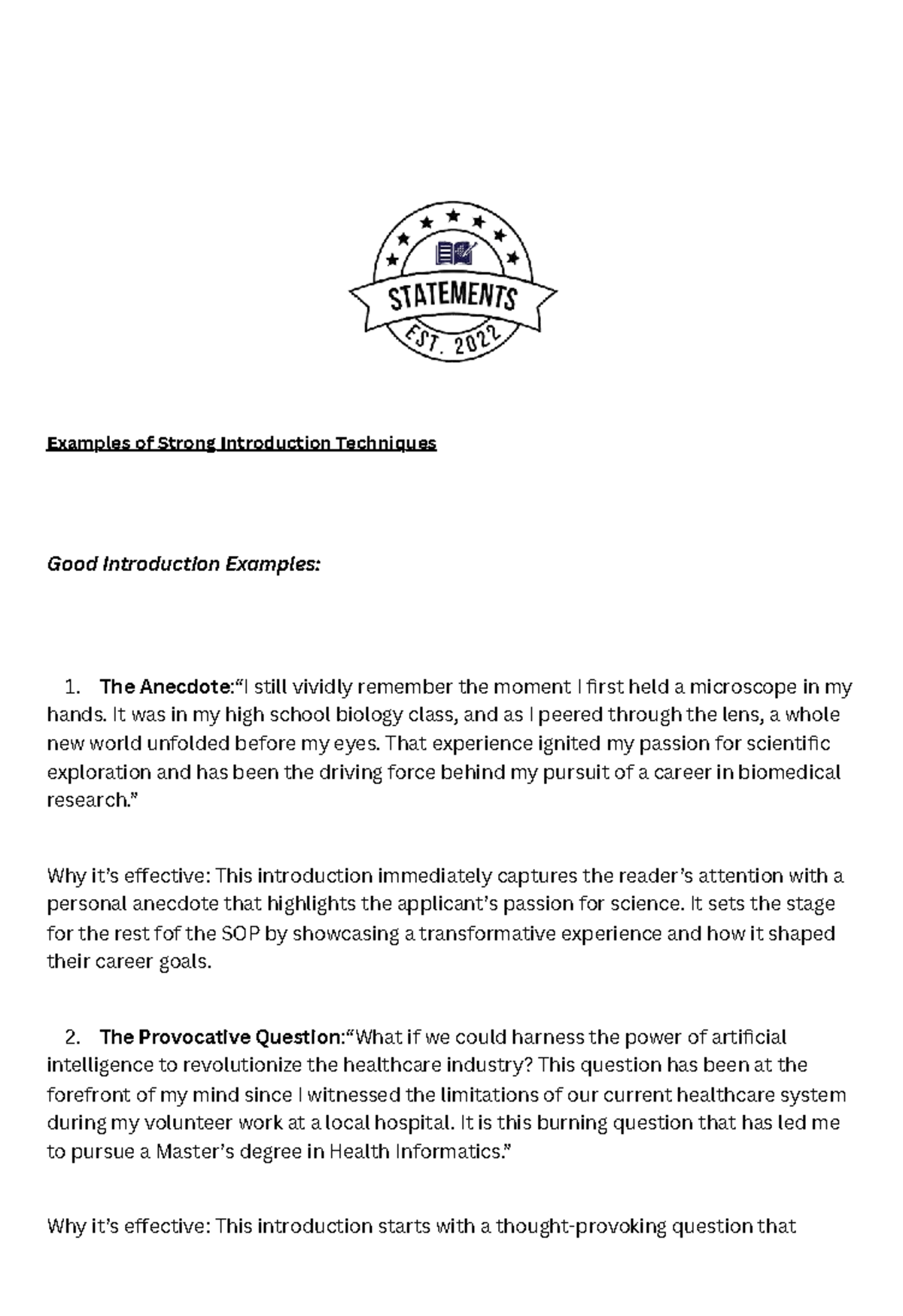 Strong Introduction Techniques for SOPs: Engaging Examples - Studocu